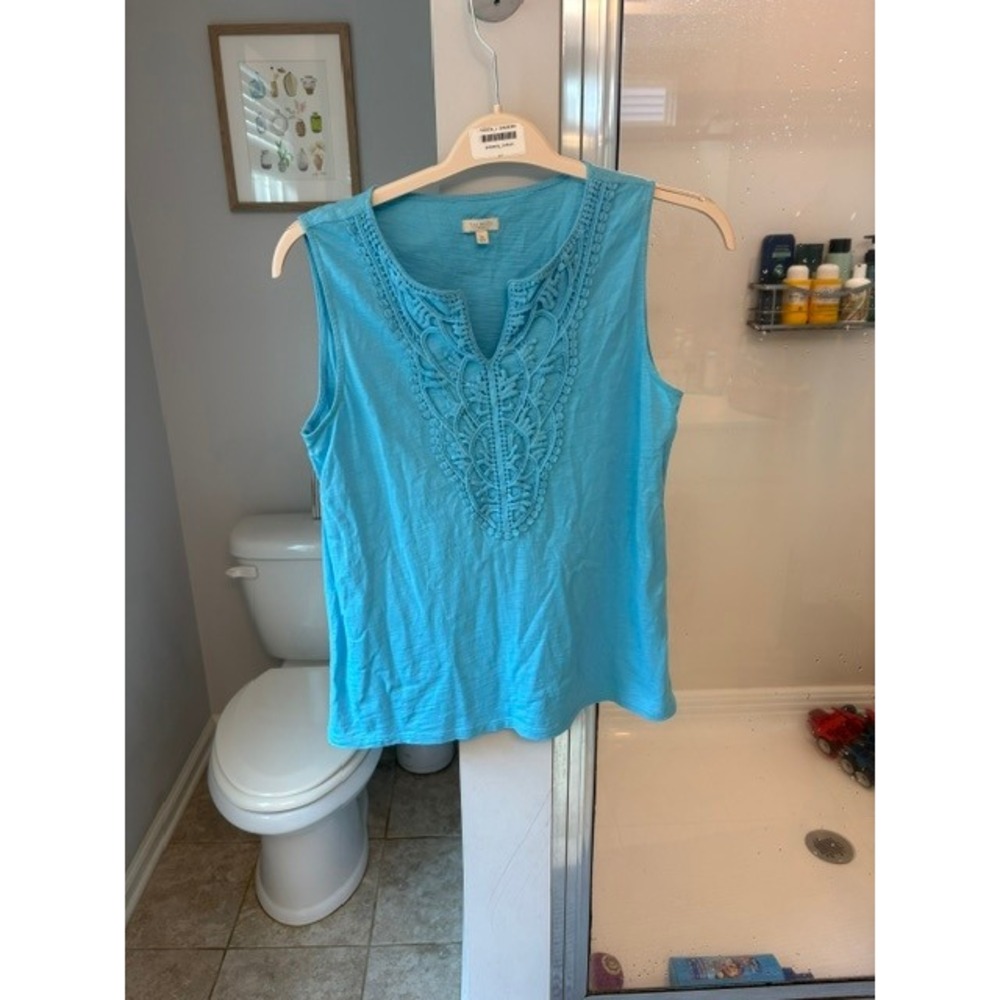 Talbots Petites Turquoise‎ Blue Crochet Lace Bib Sleeveless Cotton Top MP